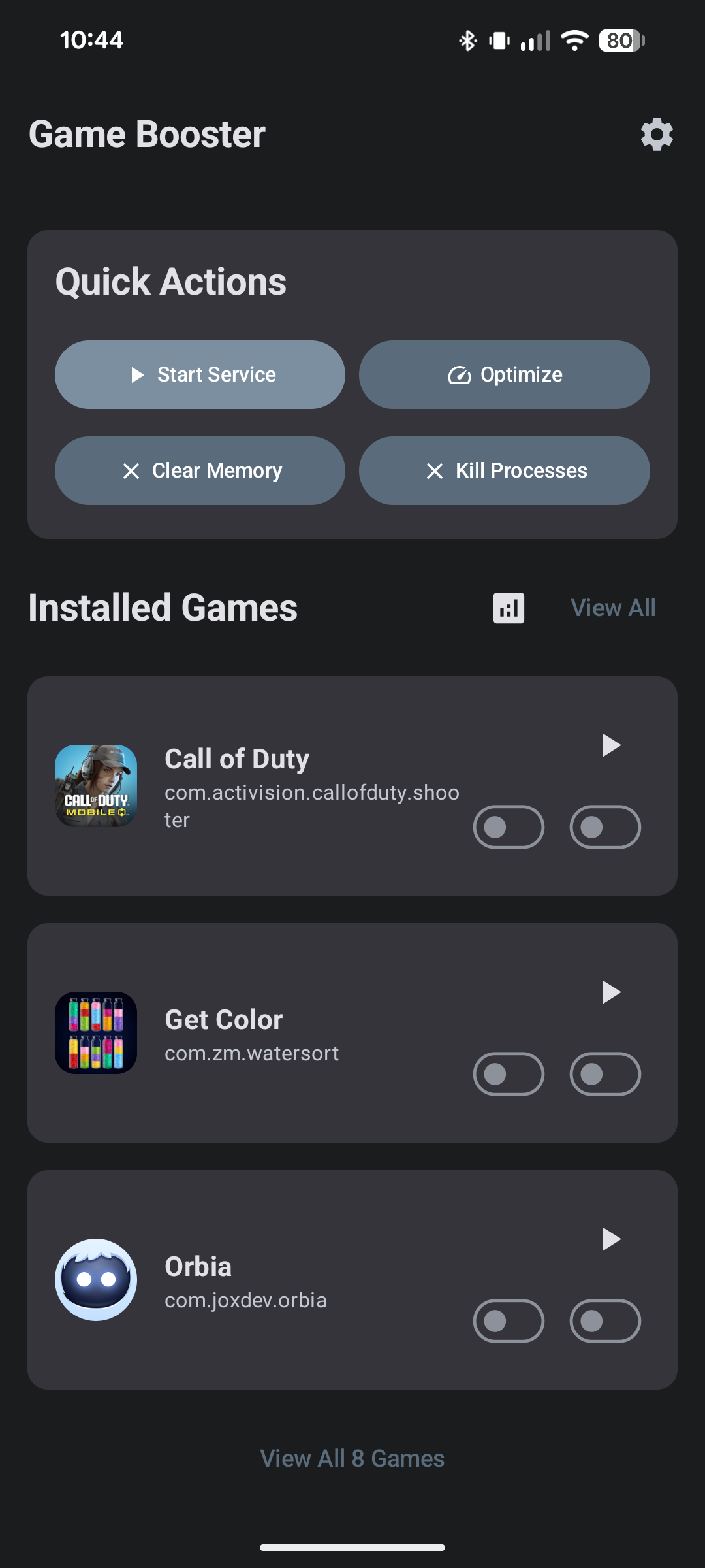 VG GameBooster screenshot 2 — Quick Actions and Installed Games