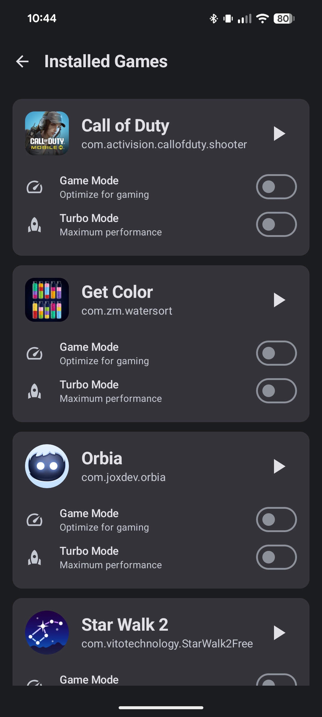 VG GameBooster screenshot 3 — Installed Games list with Game Mode