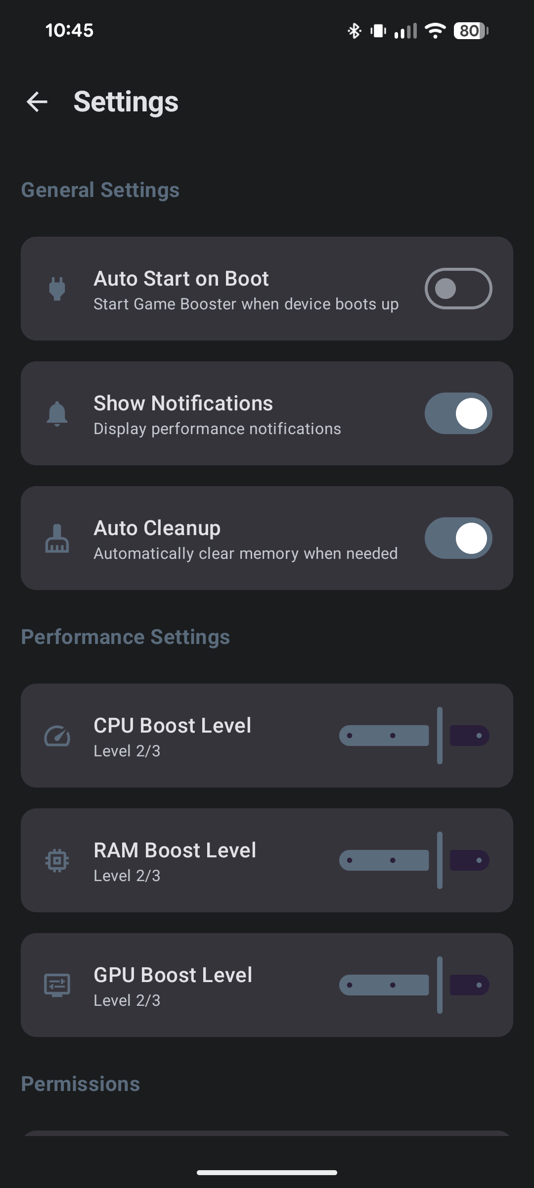 VG GameBooster screenshot 4 — Settings panel